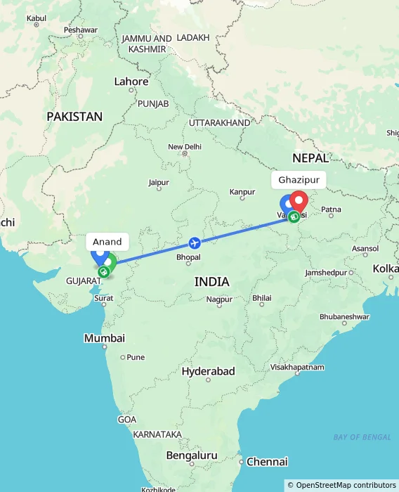 Route map showing distance and travel time from Anand, India to Ghazipur, India