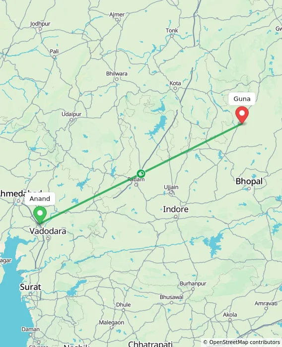 Route map showing distance and travel time from Anand, India to Guna, India