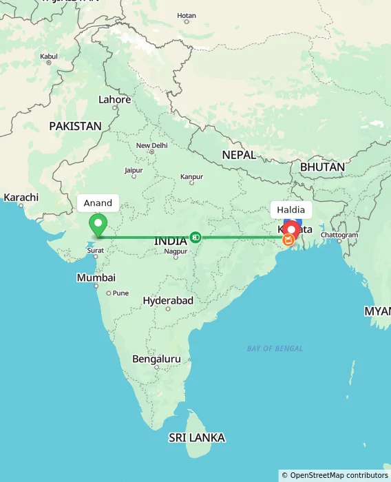 Route map showing distance and travel time from Anand, India to Haldia, India
