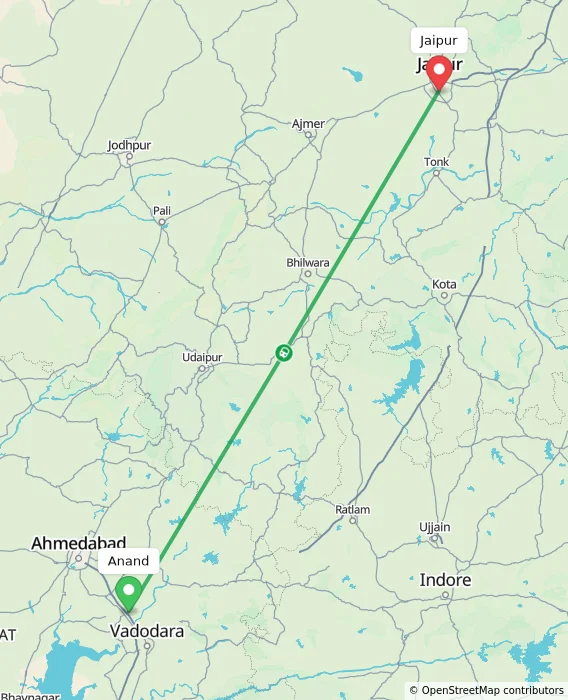 Route map showing distance and travel time from Anand, India to Jaipur, India