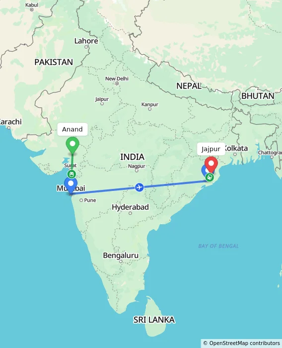 Route map showing distance and travel time from Anand, India to Jajpur, India