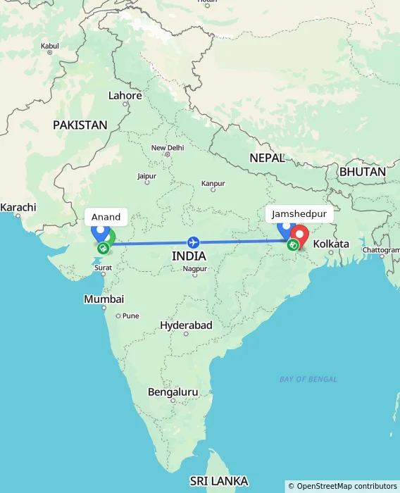 Route map showing distance and travel time from Anand, India to Jamshedpur, India