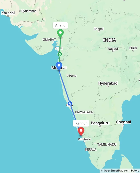Route map showing distance and travel time from Anand, India to Kannur, India