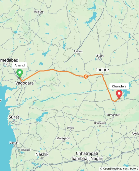 Route map showing distance and travel time from Anand, India to Khandwa, India