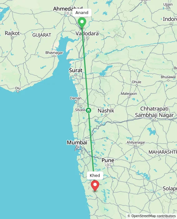 Route map showing distance and travel time from Anand, India to Khed, India