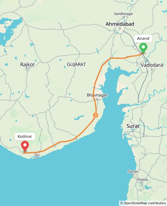 Route map showing distance and travel time from Anand, India to Kodinar, India