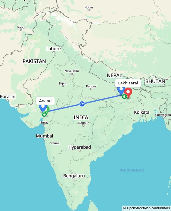 Route map showing distance and travel time from Anand, India to Lakhisarai, India