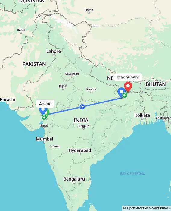 Route map showing distance and travel time from Anand, India to Madhubani, India