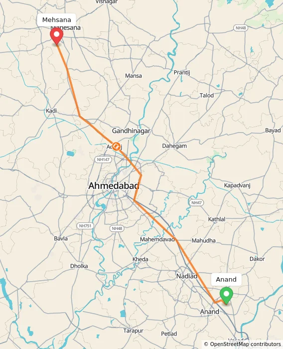 Route map showing distance and travel time from Anand, India to Mehsana, India