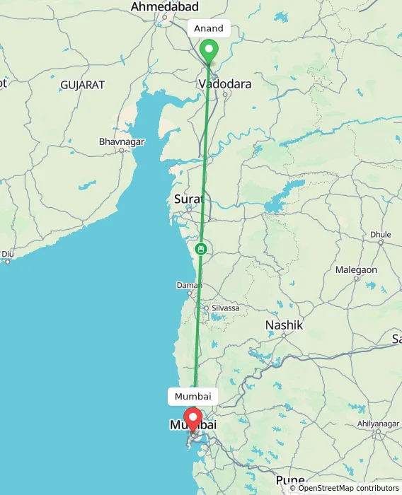 Route map showing distance and travel time from Anand, India to Mumbai, India