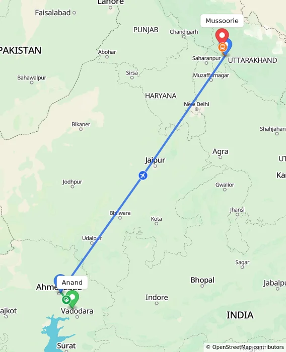 Route map showing distance and travel time from Anand, India to Mussoorie, India
