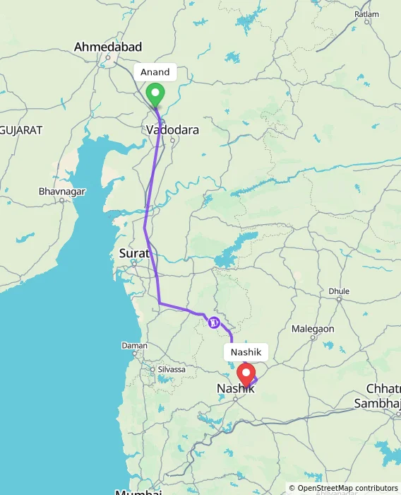 Route map showing distance and travel time from Anand, India to Nashik, India