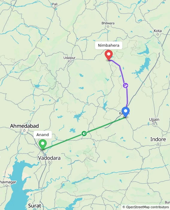 Route map showing distance and travel time from Anand, India to Nimbahera, India