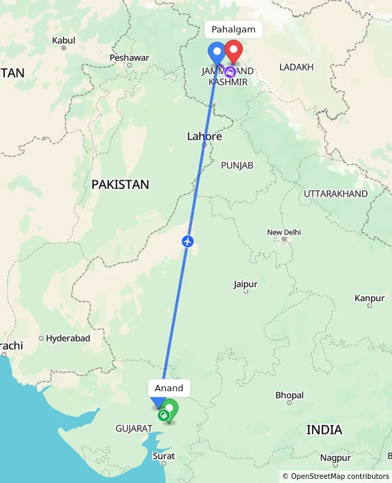 Route map showing distance and travel time from Anand, India to Pahalgam, India