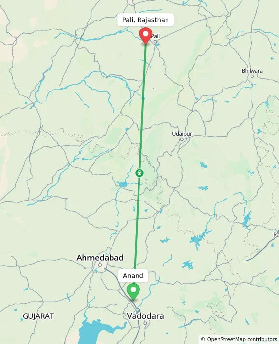 Route map showing distance and travel time from Anand, India to Pali, Rajasthan, India
