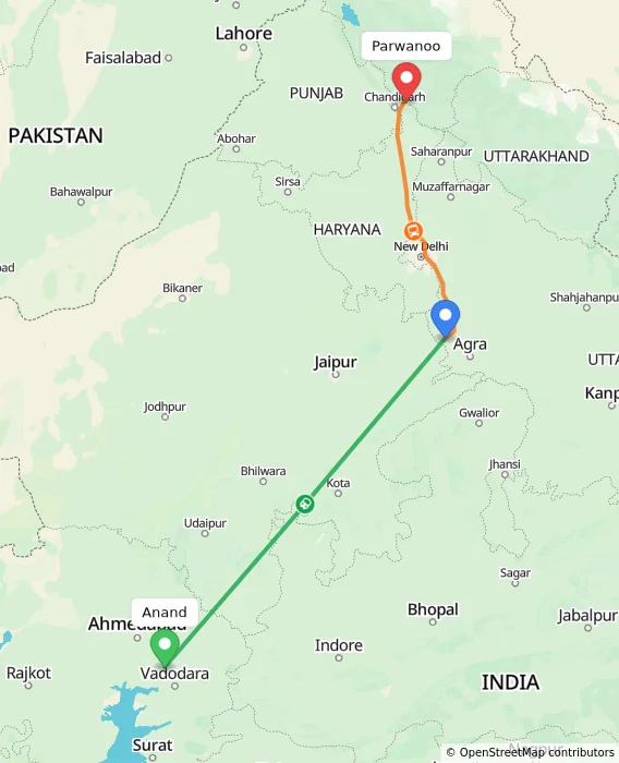 Route map showing distance and travel time from Anand, India to Parwanoo, India