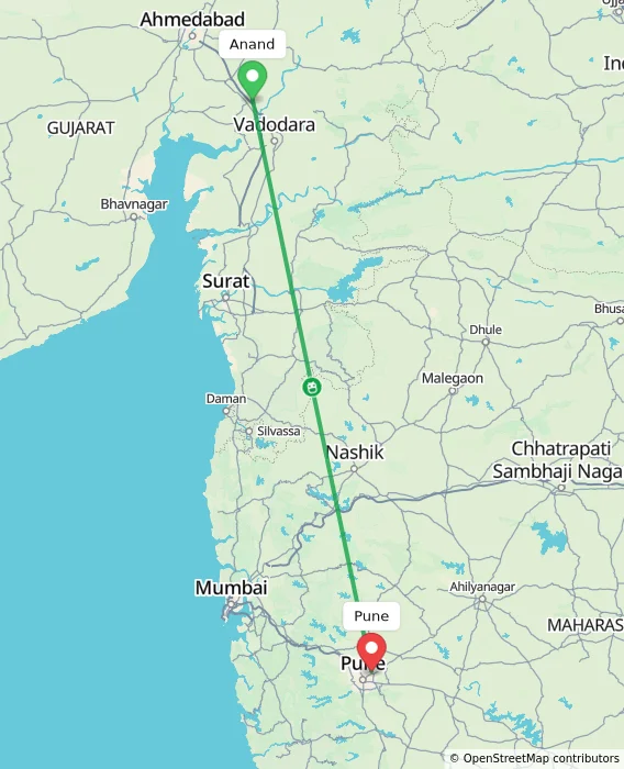 Route map showing distance and travel time from Anand, India to Pune, India