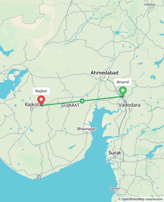 Route map showing distance and travel time from Anand, India to Rajkot, India