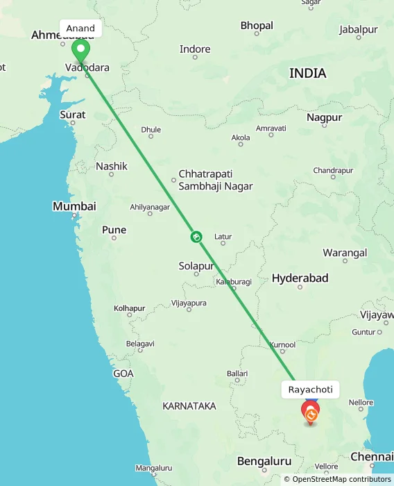 Route map showing distance and travel time from Anand, India to Rayachoti, India