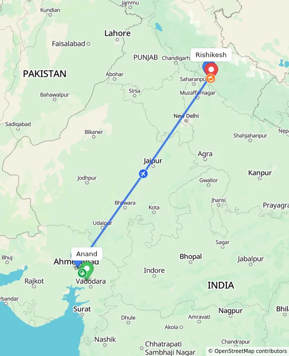 Route map showing distance and travel time from Anand, India to Rishikesh, India
