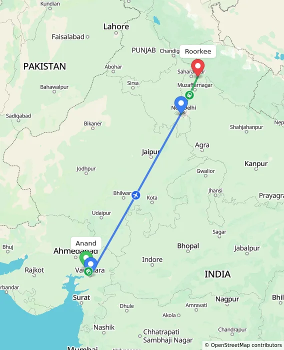 Route map showing distance and travel time from Anand, India to Roorkee, India