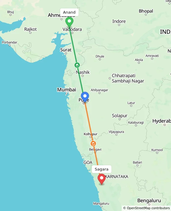 Route map showing distance and travel time from Anand, India to Sagara, India