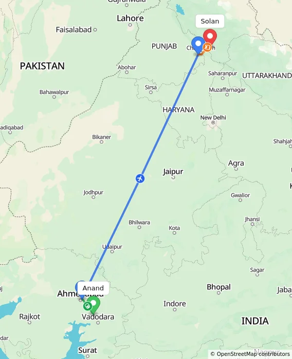 Route map showing distance and travel time from Anand, India to Solan, India