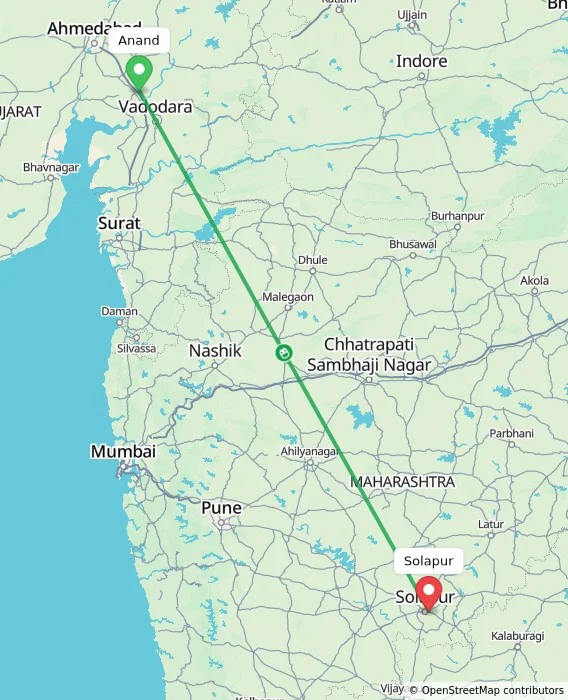 Route map showing distance and travel time from Anand, India to Solapur, India