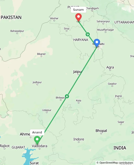 Route map showing distance and travel time from Anand, India to Sunam, India