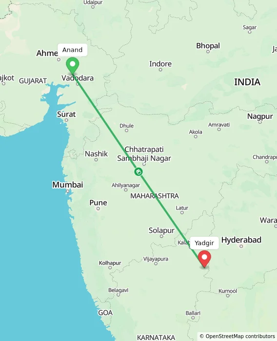 Route map showing distance and travel time from Anand, India to Yadgir, India