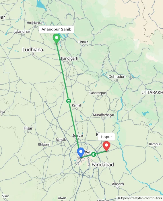 Route map showing distance and travel time from Anandpur Sahib, India to Hapur, India