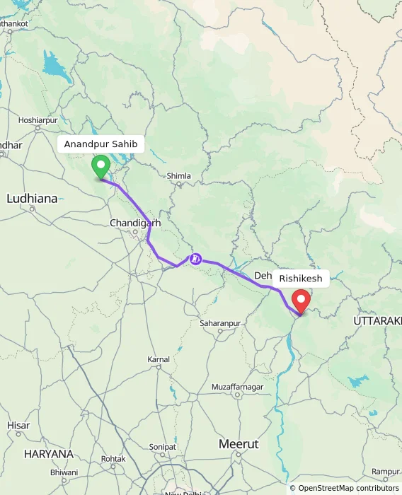 Route map showing distance and travel time from Anandpur Sahib, India to Rishikesh, India