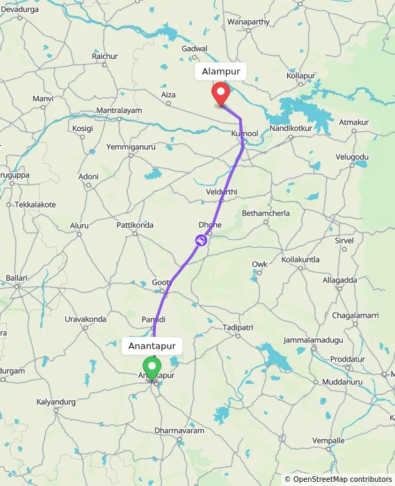 Route map showing distance and travel time from Anantapur, India to Alampur, India