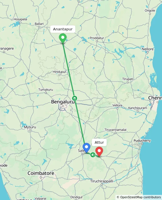 Route map showing distance and travel time from Anantapur, India to Attur, India