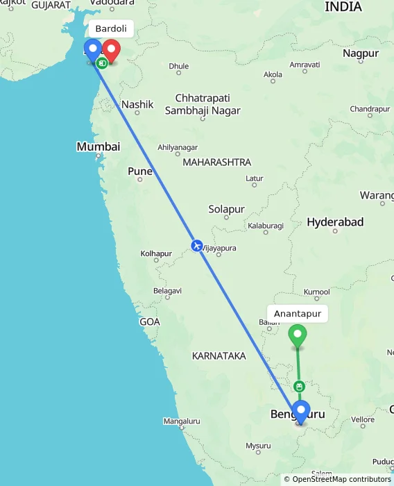 Route map showing distance and travel time from Anantapur, India to Bardoli, India