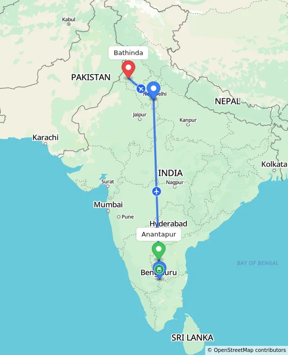 Route map showing distance and travel time from Anantapur, India to Bathinda, India