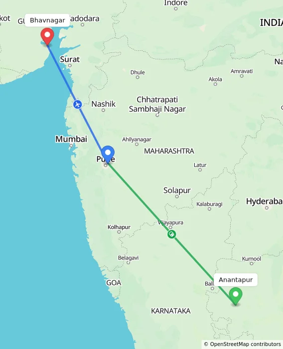 Route map showing distance and travel time from Anantapur, India to Bhavnagar, India