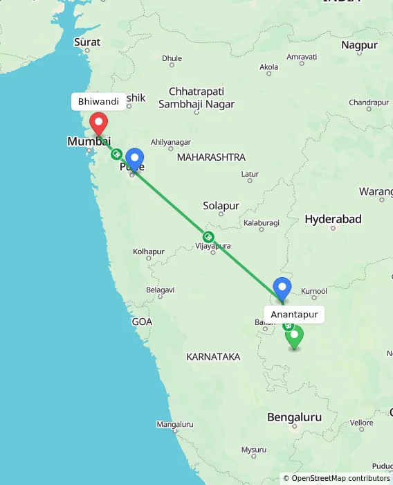 Route map showing distance and travel time from Anantapur, India to Bhiwandi, India
