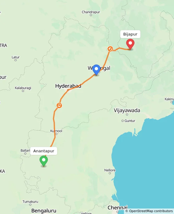 Route map showing distance and travel time from Anantapur, India to Bijapur, India