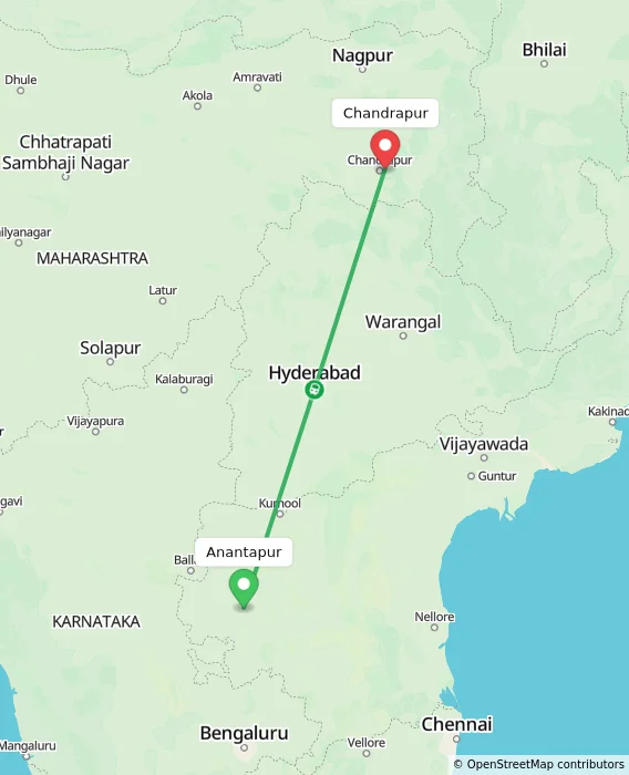Route map showing distance and travel time from Anantapur, India to Chandrapur, India