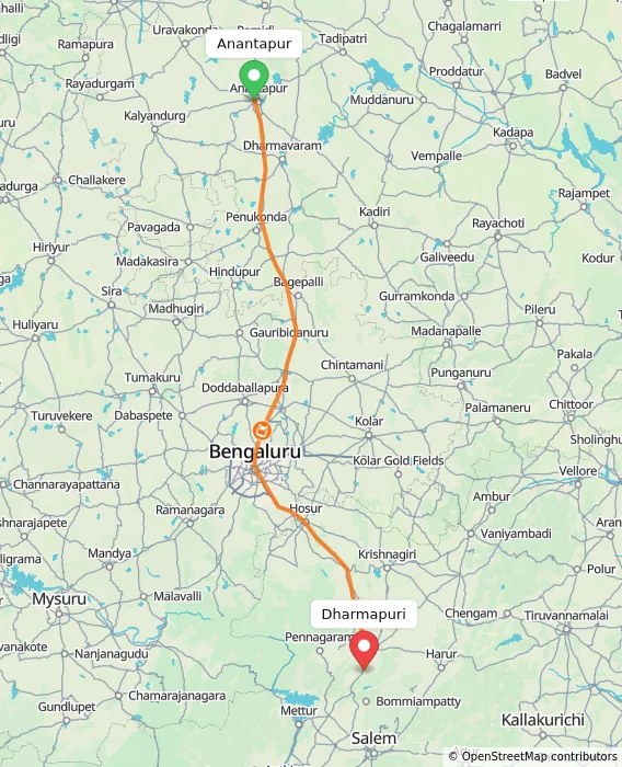 Route map showing distance and travel time from Anantapur, India to Dharmapuri, India