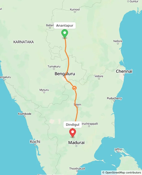Route map showing distance and travel time from Anantapur, India to Dindigul, India
