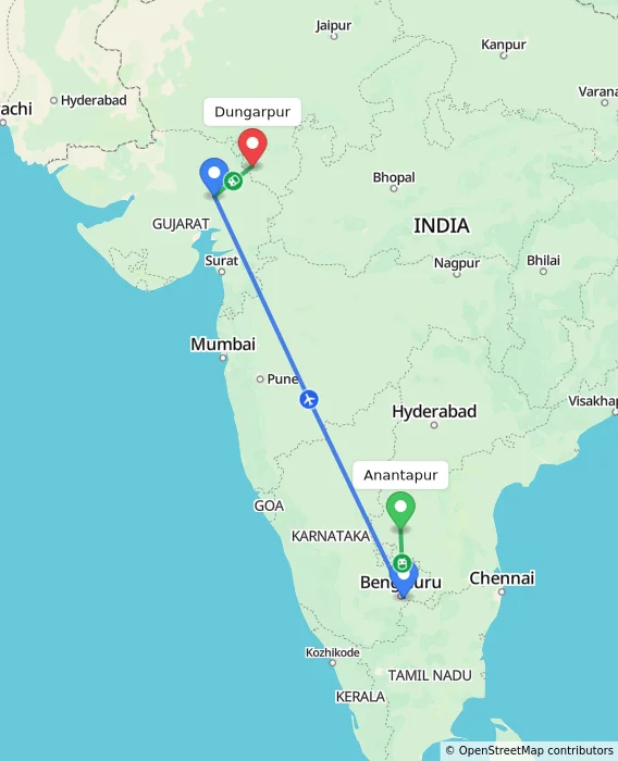 Route map showing distance and travel time from Anantapur, India to Dungarpur, India
