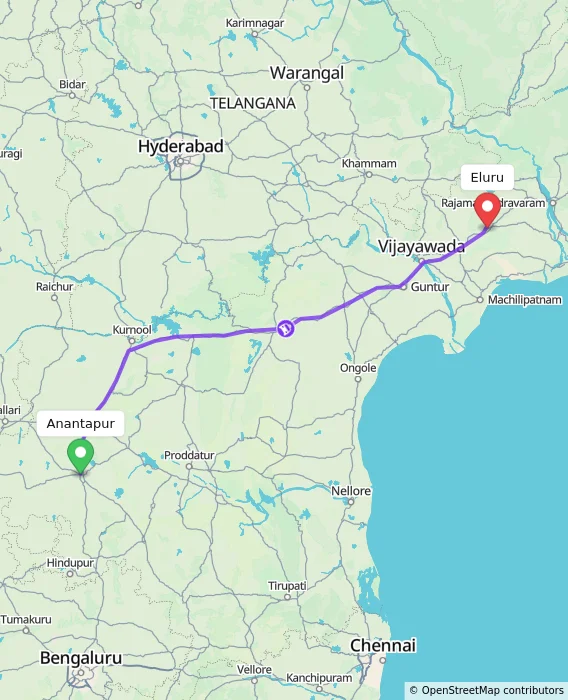 Route map showing distance and travel time from Anantapur, India to Eluru, India