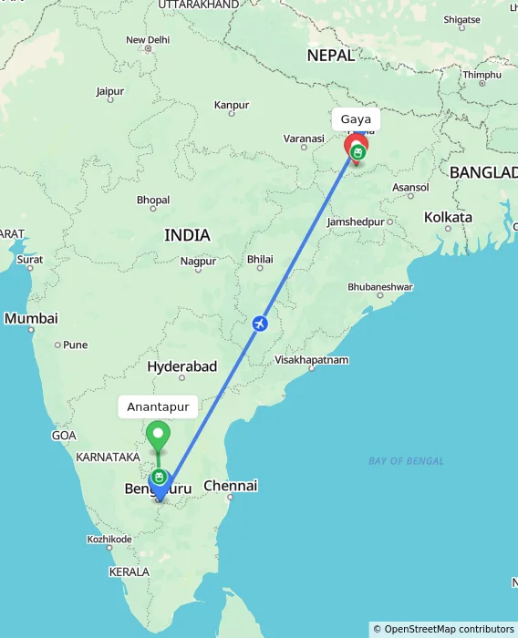 Route map showing distance and travel time from Anantapur, India to Gaya, India