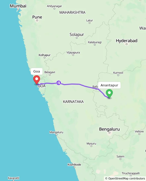 Route map showing distance and travel time from Anantapur, India to Goa, India