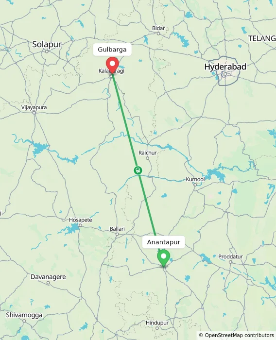 Route map showing distance and travel time from Anantapur, India to Gulbarga, India