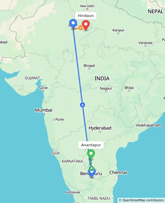 Route map showing distance and travel time from Anantapur, India to Hindaun, India