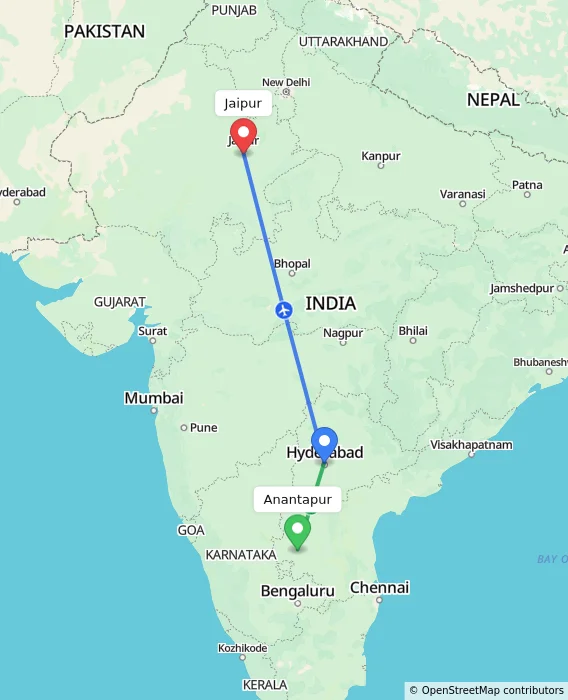 Route map showing distance and travel time from Anantapur, India to Jaipur, India