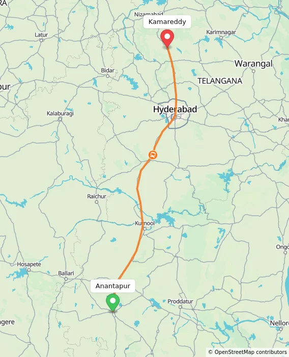 Route map showing distance and travel time from Anantapur, India to Kamareddy, India
